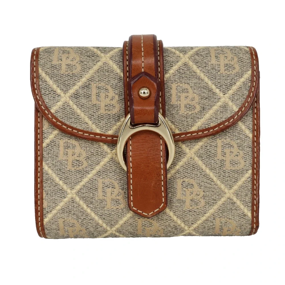 Dooney and Bourke Wallet Womens Beige Brown Fabric Logo Leather Trim Snap Vtg